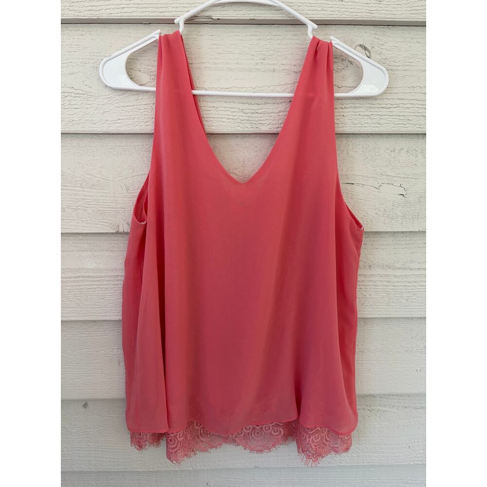 Mine Pink Sleeveless V-Neck Blouse Lace Detailed Hem Lightweight Top L - Picture 2 of 8